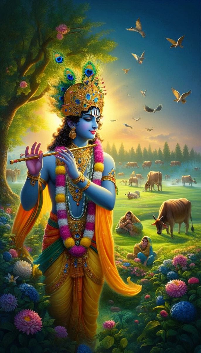 Krishna playing flute in Vrindavan forest