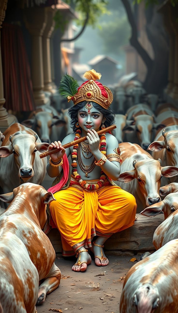 Krishna playing flute with cows