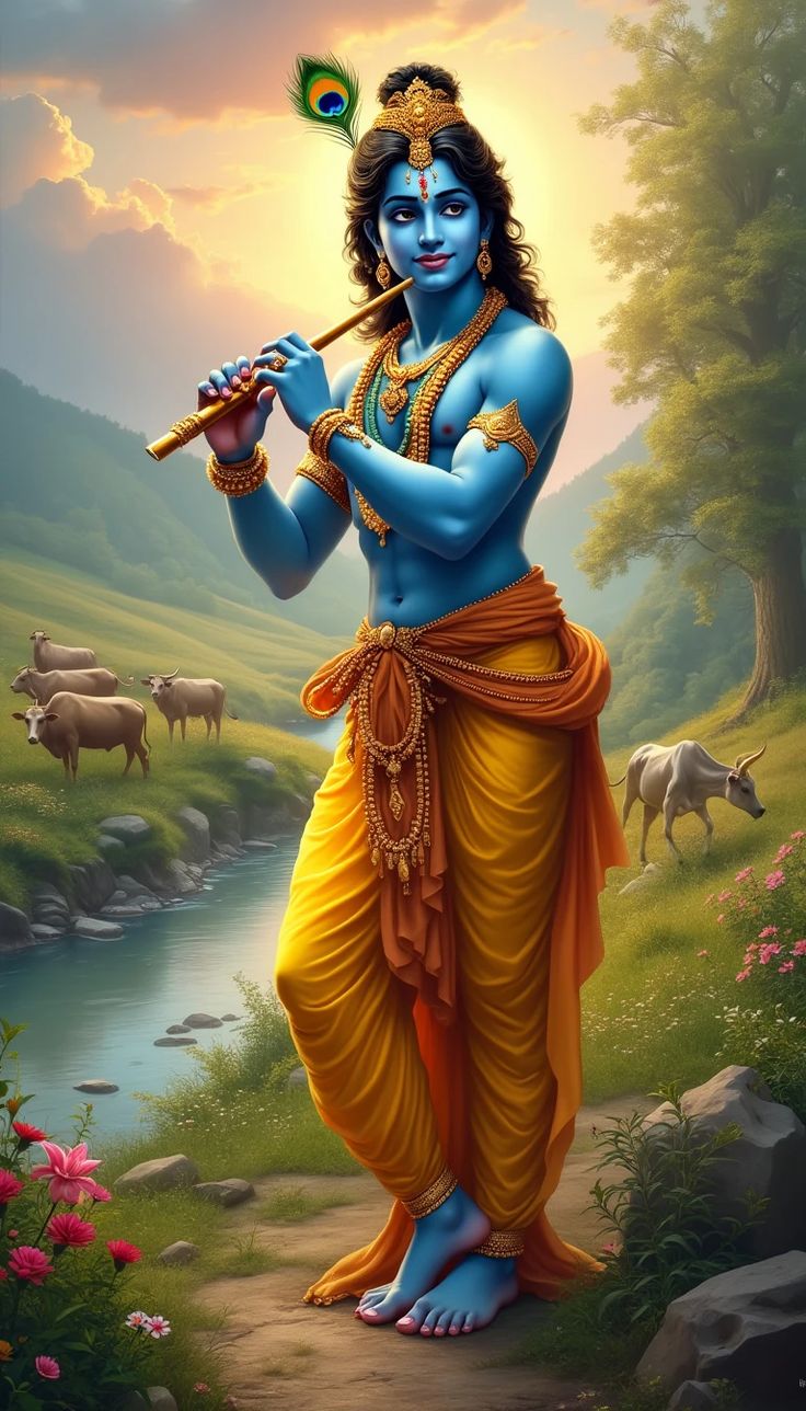 Lord Krishna playing a flute in Vrindavan