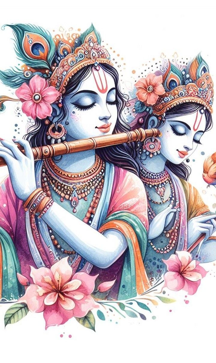 Krishna and Radha playing the flute