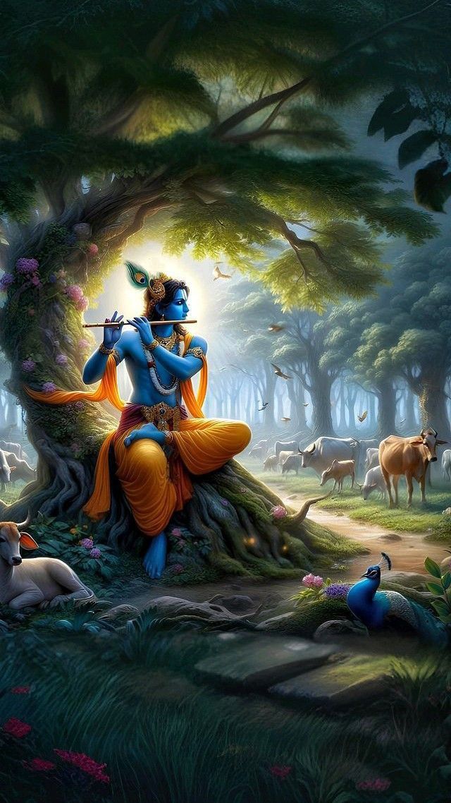 Krishna playing flute in Vrindavan forest