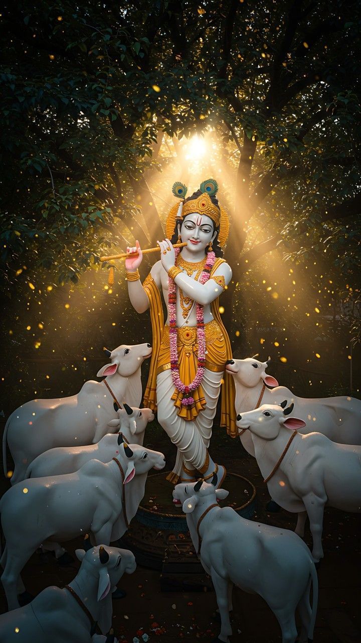 Krishna playing flute with cows