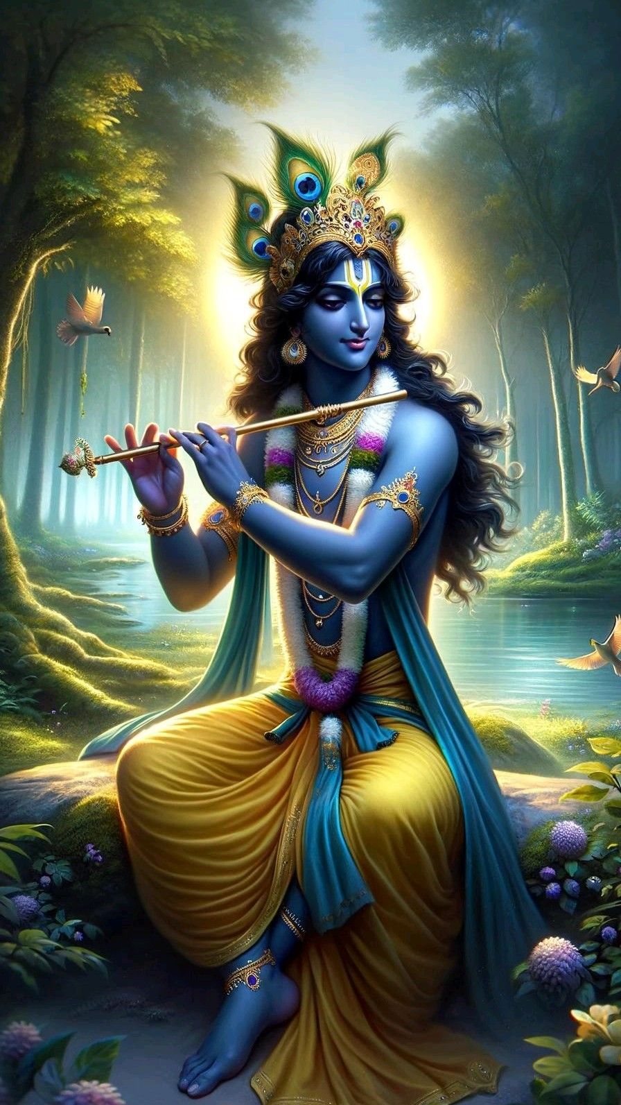 Krishna playing flute in forest