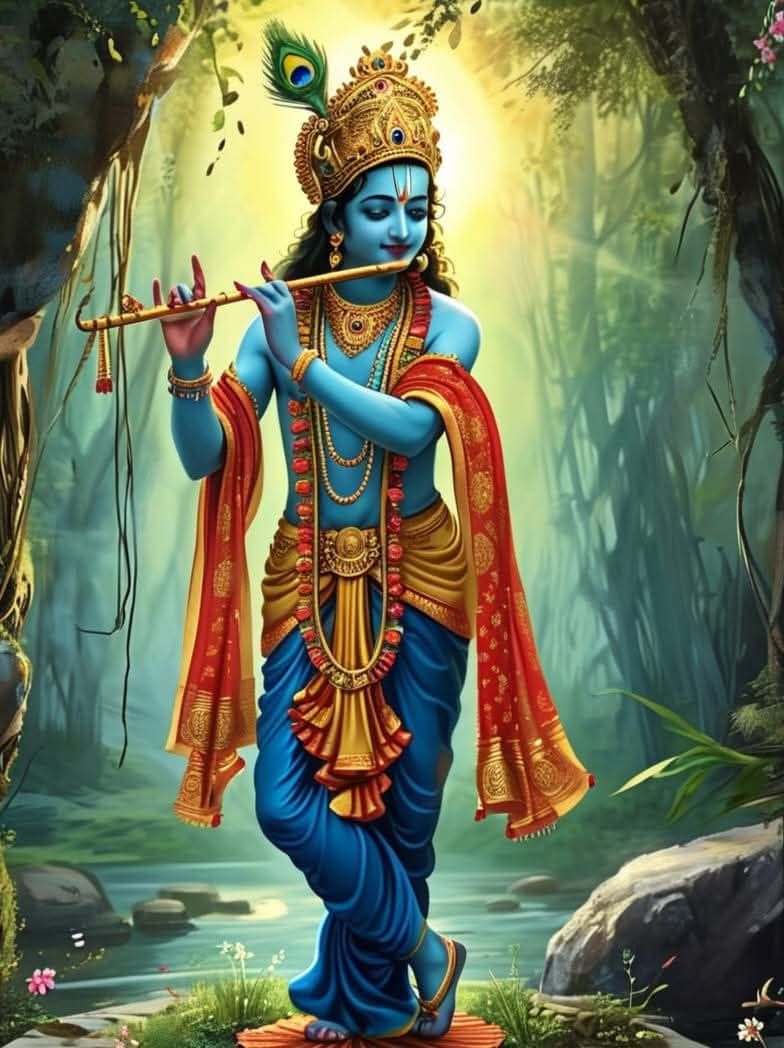 Krishna playing flute in forest