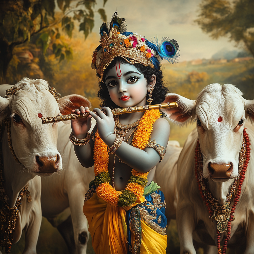 Lord Krishna playing flute with cows