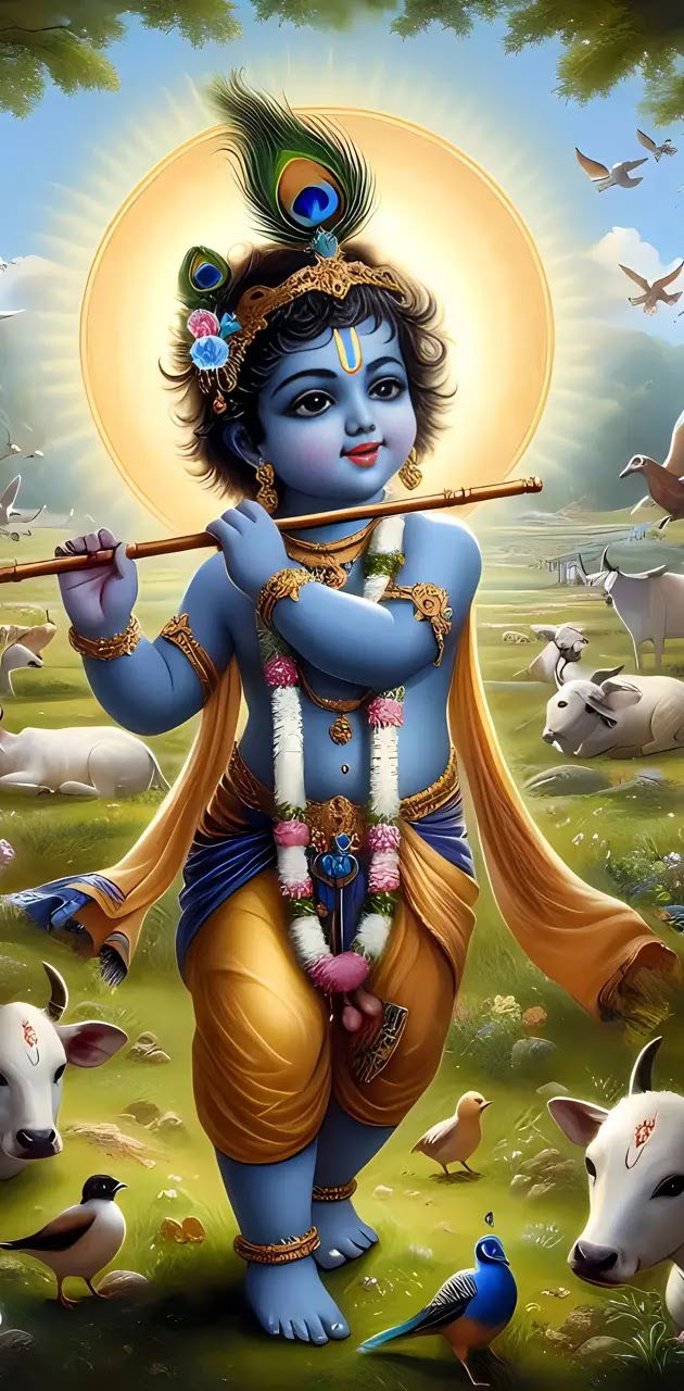 Krishna playing flute with cows birds