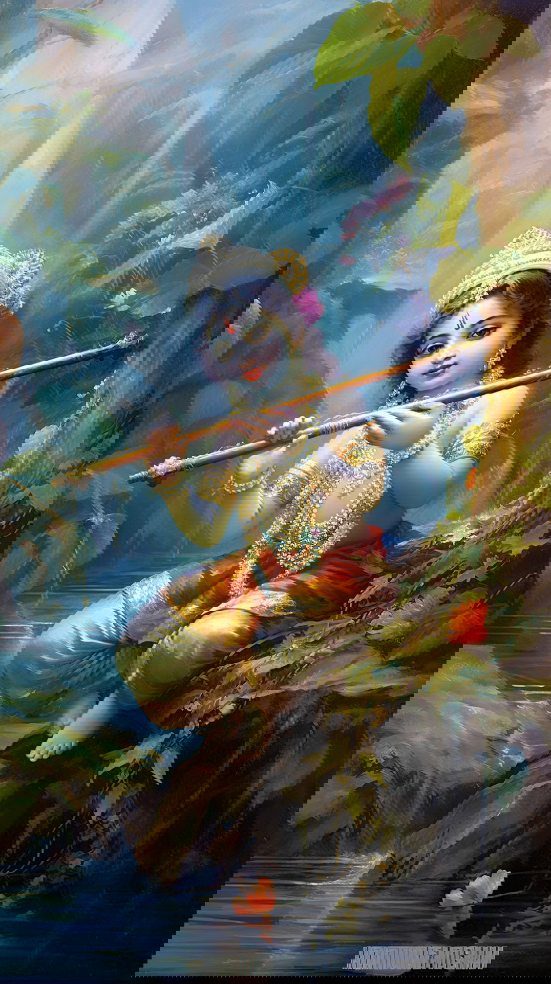 Little Krishna playing a flute in forest.