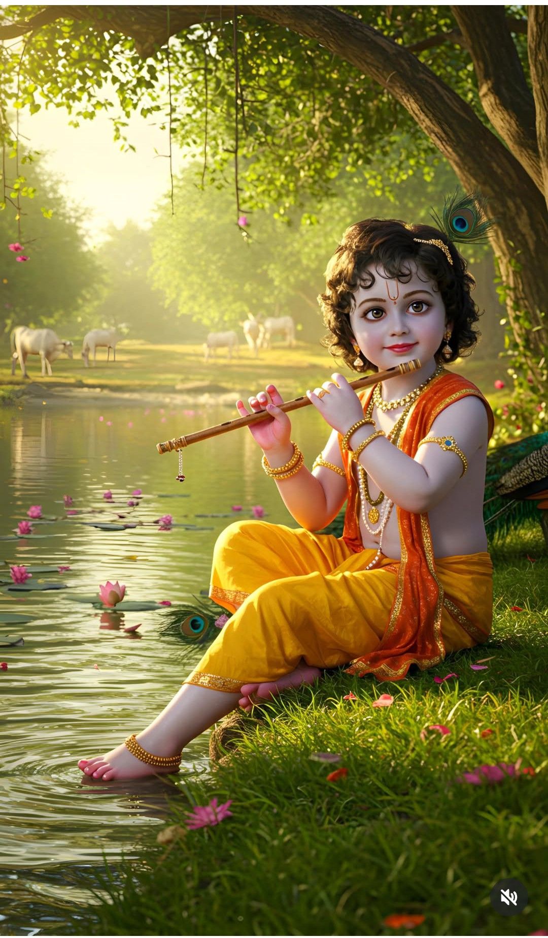 Little Krishna playing a flute peacefully