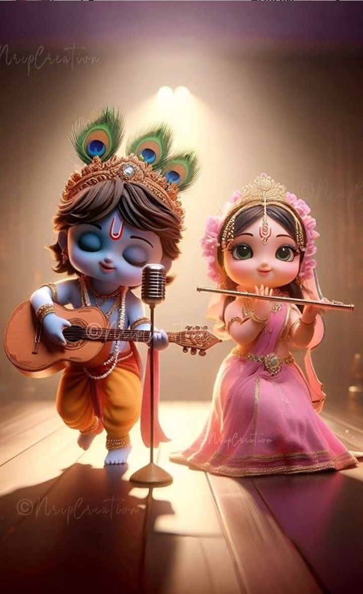Krishna and Radha playing music together.
