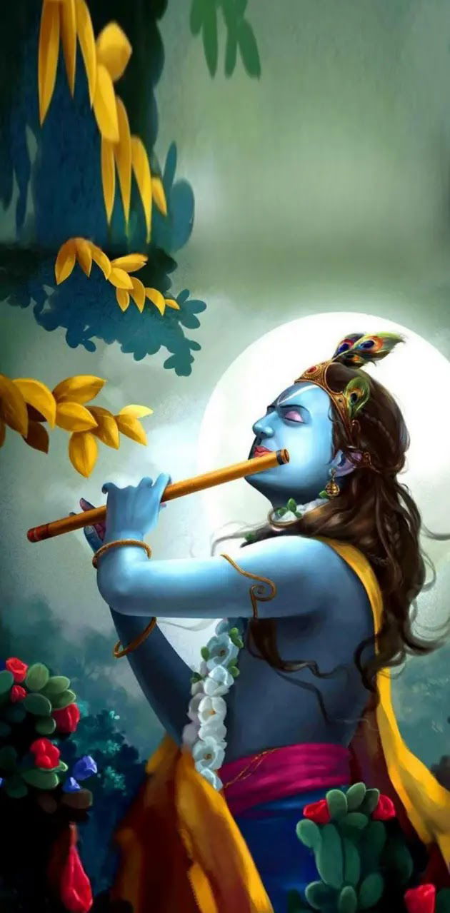 Krishna playing flute under moonlight