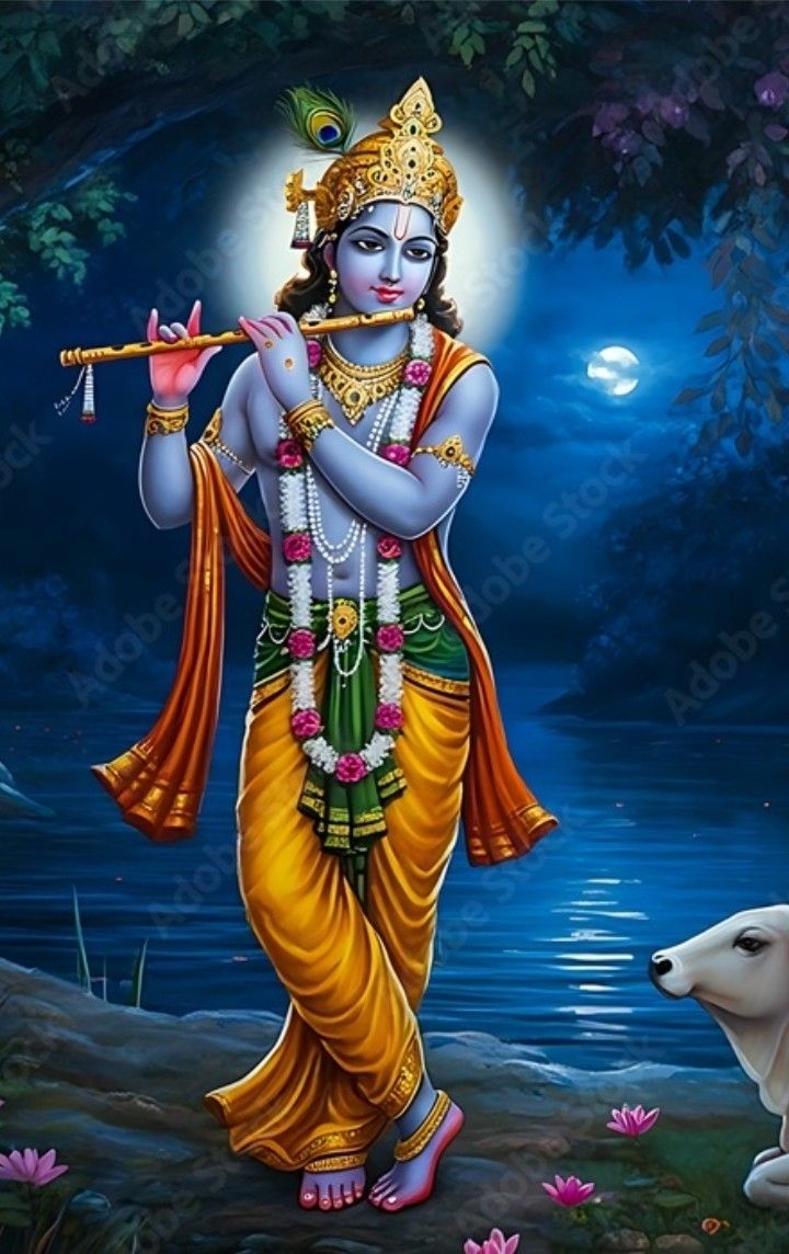 Krishna playing flute in a forest