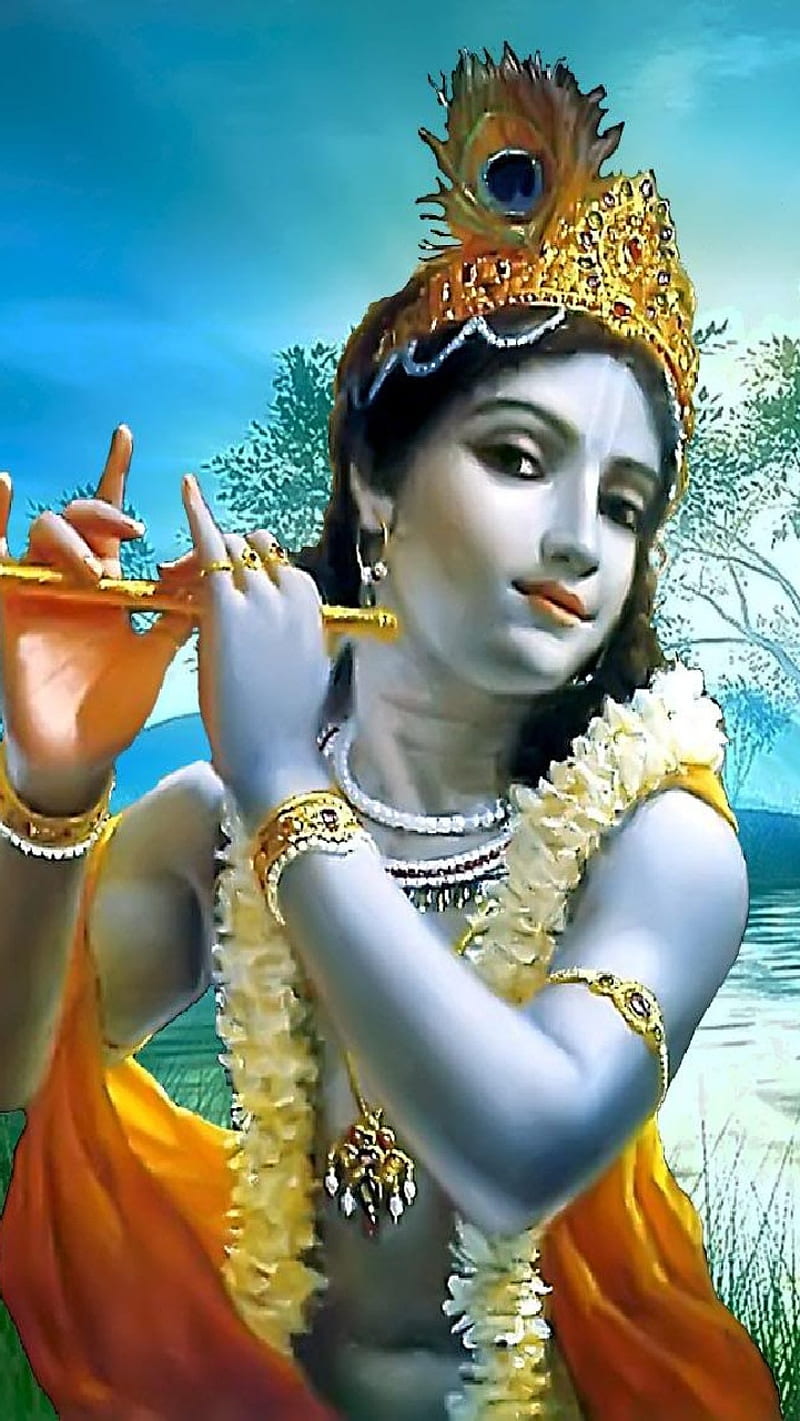 Krishna playing flute in forest