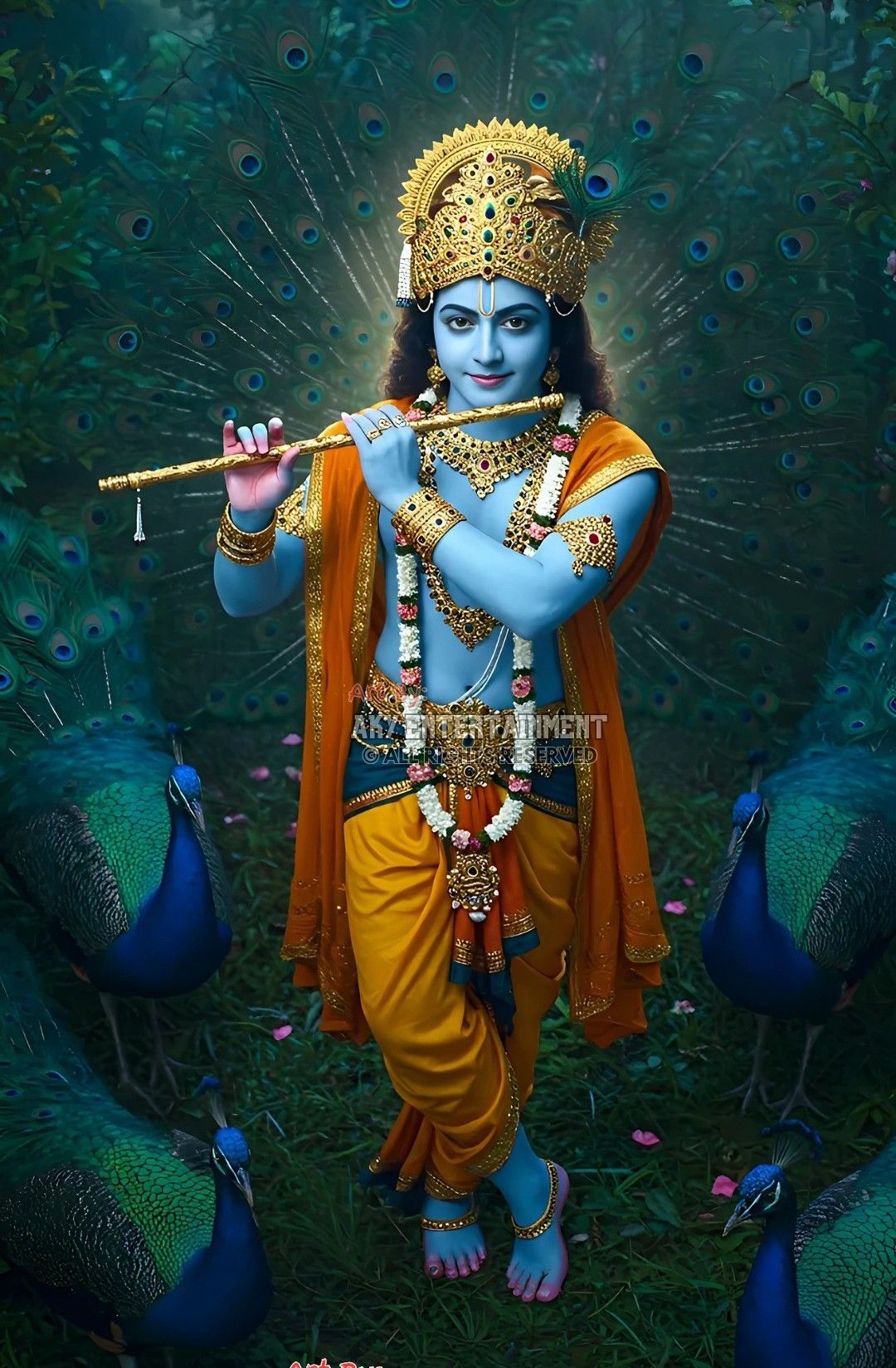 Krishna playing flute with peacock feathers