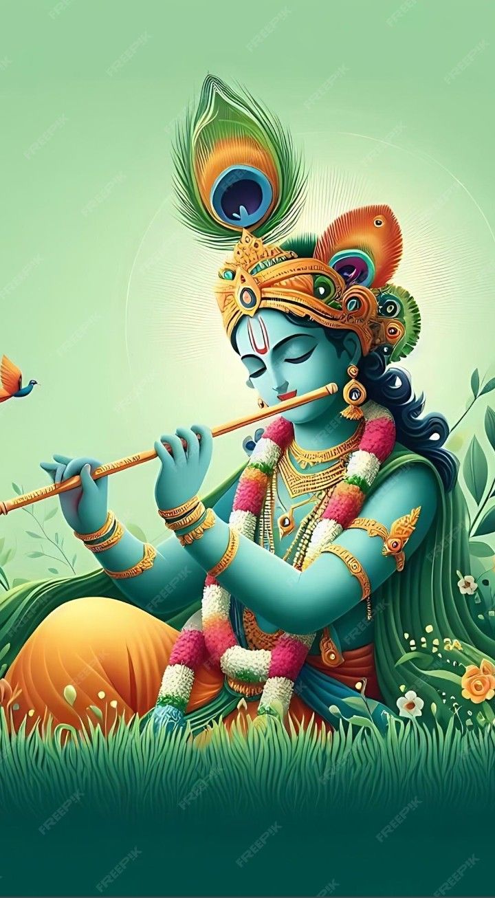 Lord Krishna playing a flute peacefully
