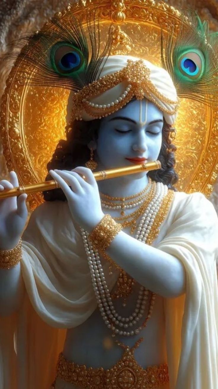 Lord Krishna playing a flute beautifully.