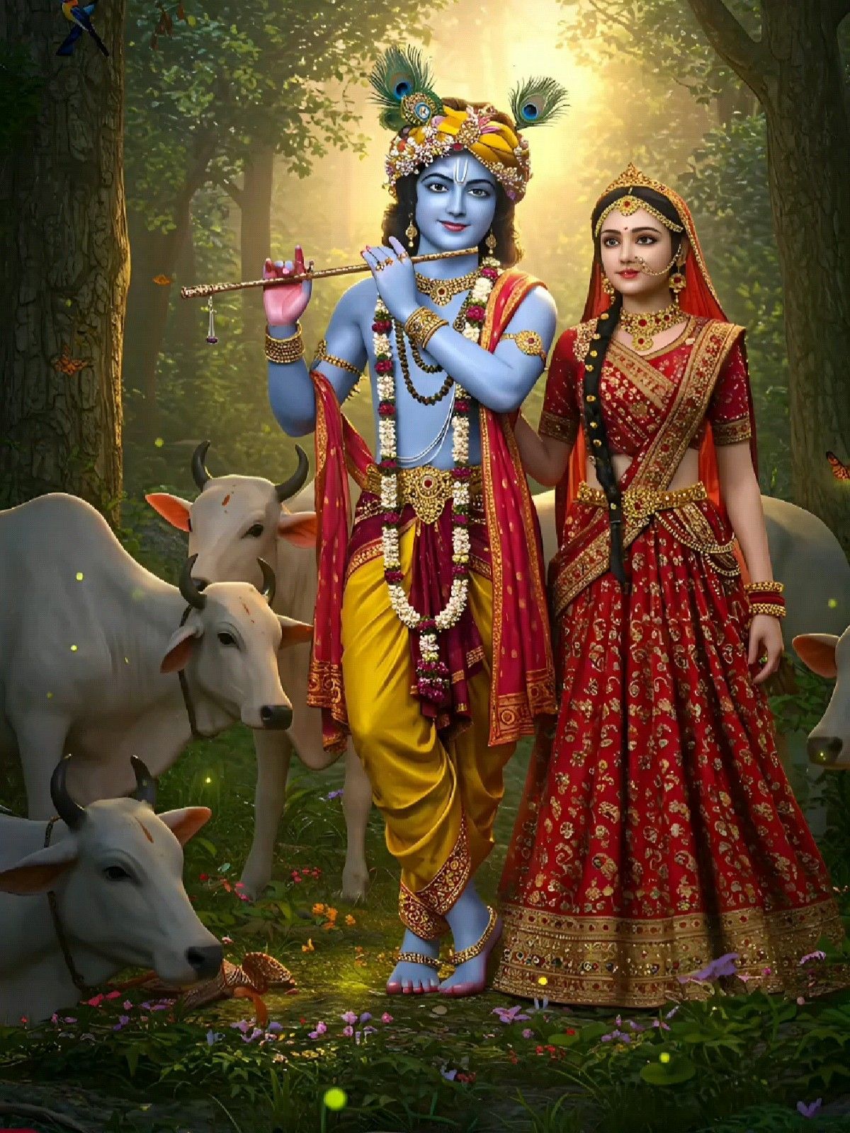 Krishna and Radha in a forest scene