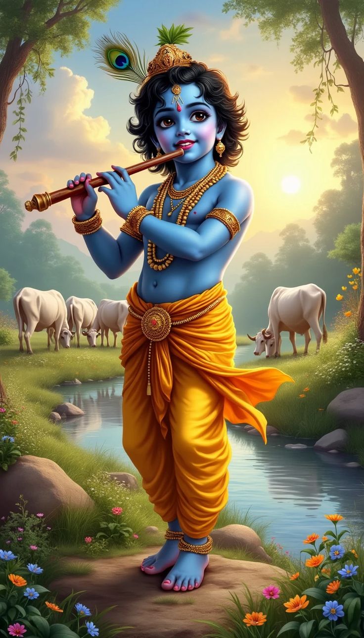 Krishna playing flute in Brindavan forest