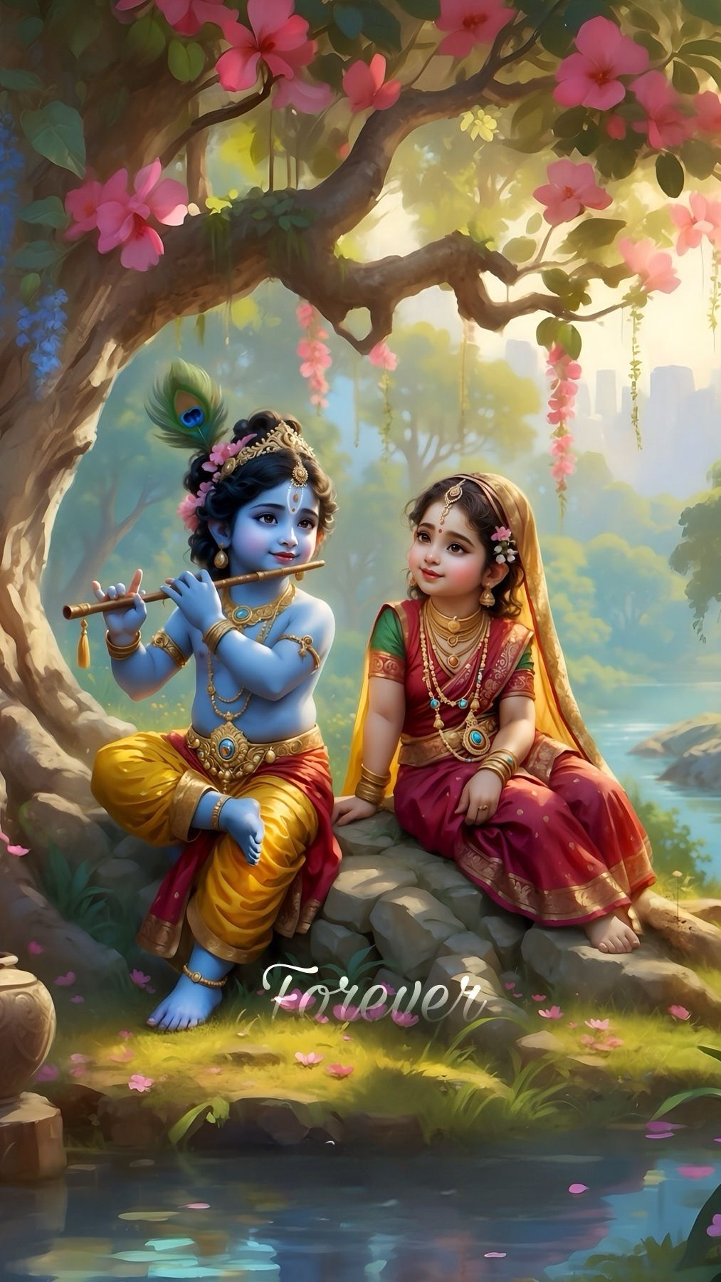 Krishna and Radha playing flute in forest