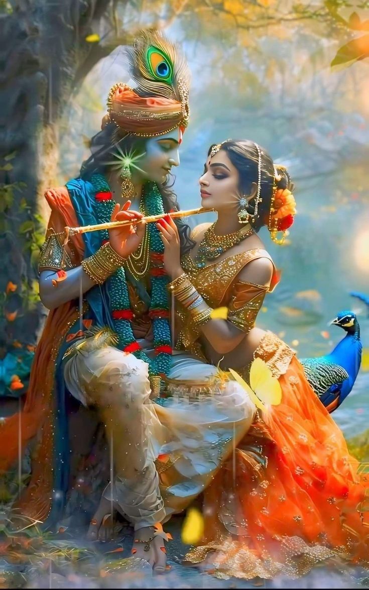 Krishna and Radha playing flute in forest