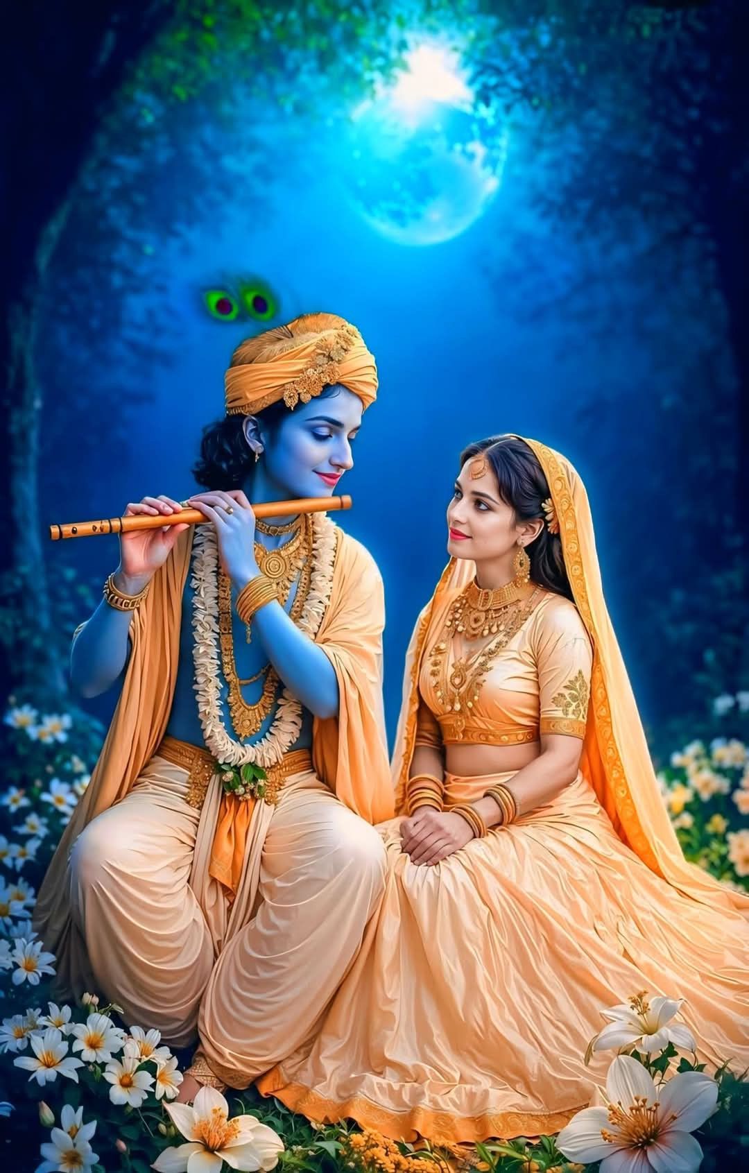 Krishna and Radha playing flute