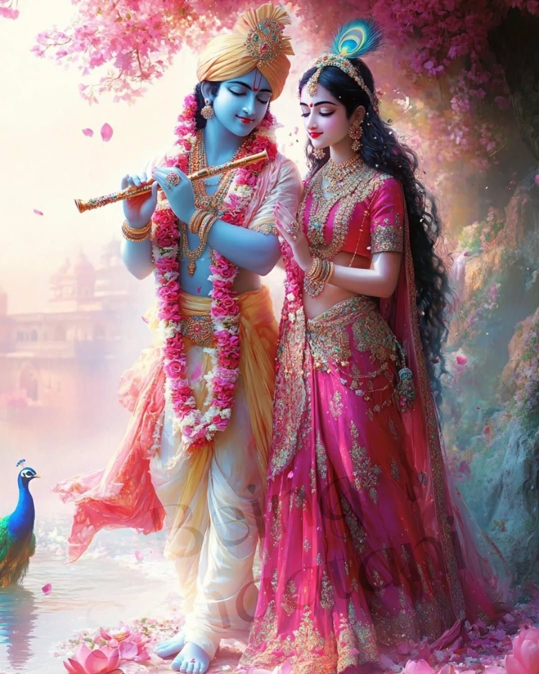 Krishna and Radha playing flute peacefully