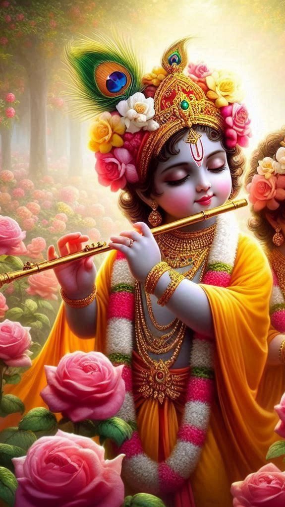 Baby Krishna playing the flute amidst flowers