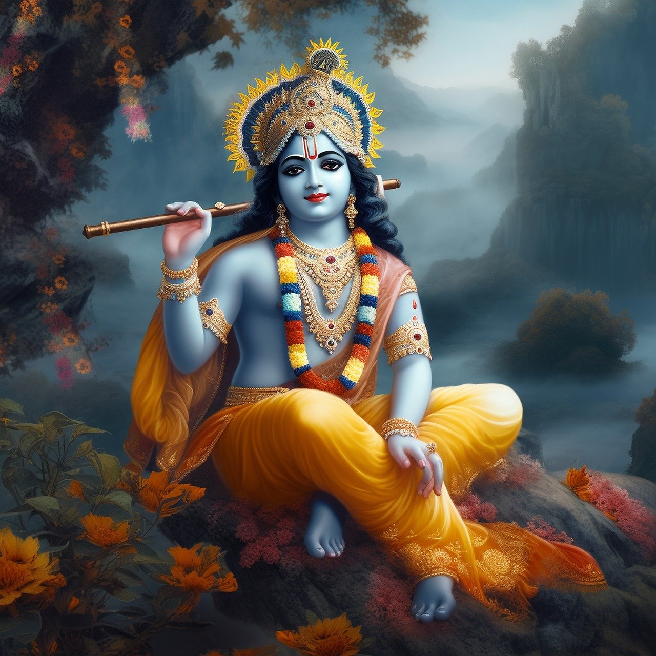 Lord Krishna playing the flute peacefully.