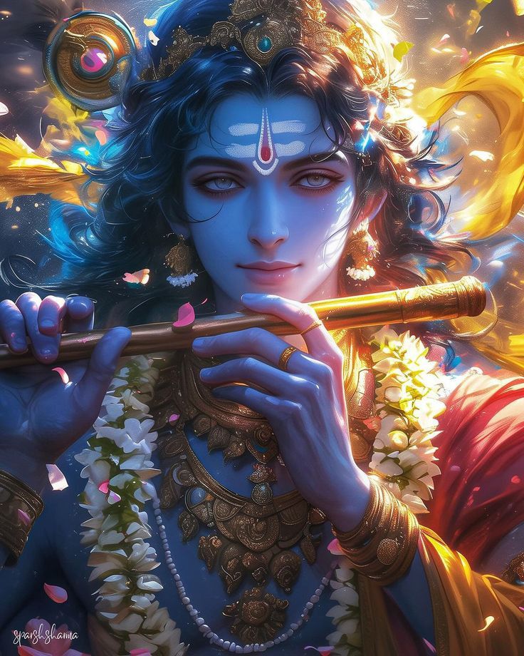 Krishna playing a melodious flute tune.