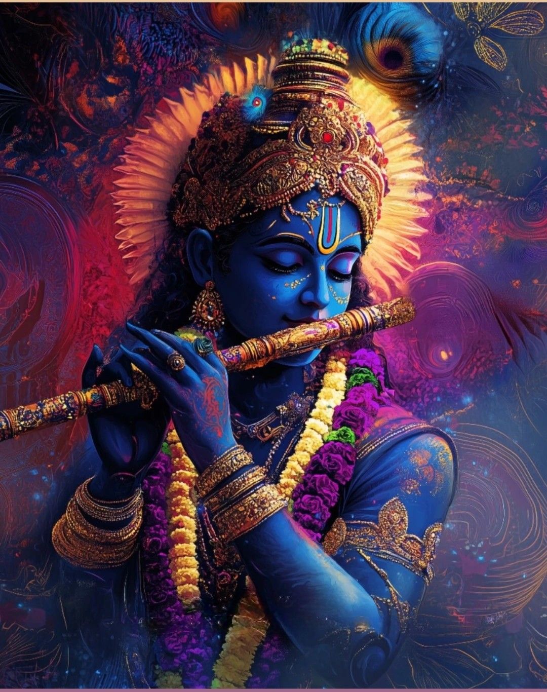 Krishna playing the flute with peacock feather