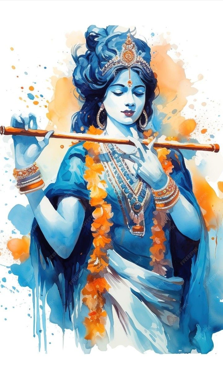 Lord Krishna playing a flute, vibrant painting