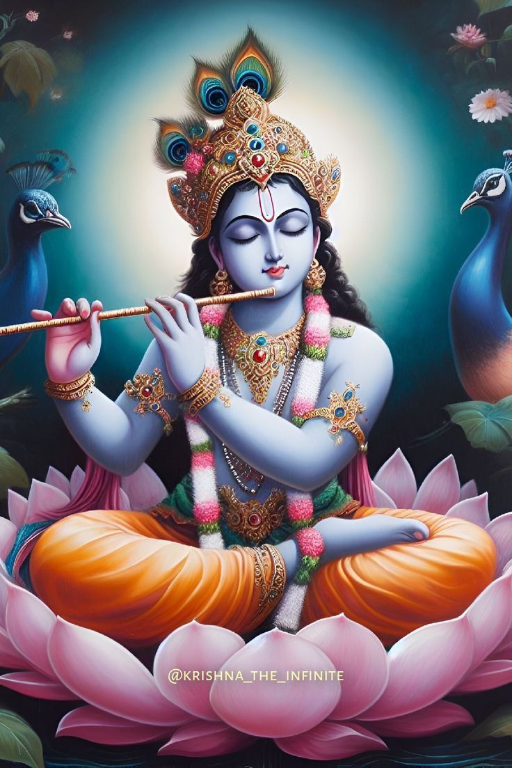 Krishna playing flute on lotus flower