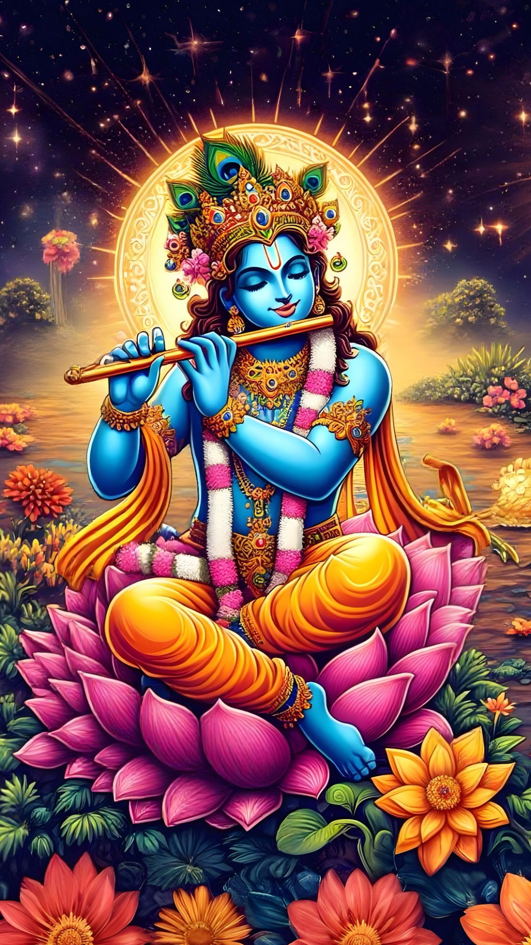 Krishna playing flute on lotus flower