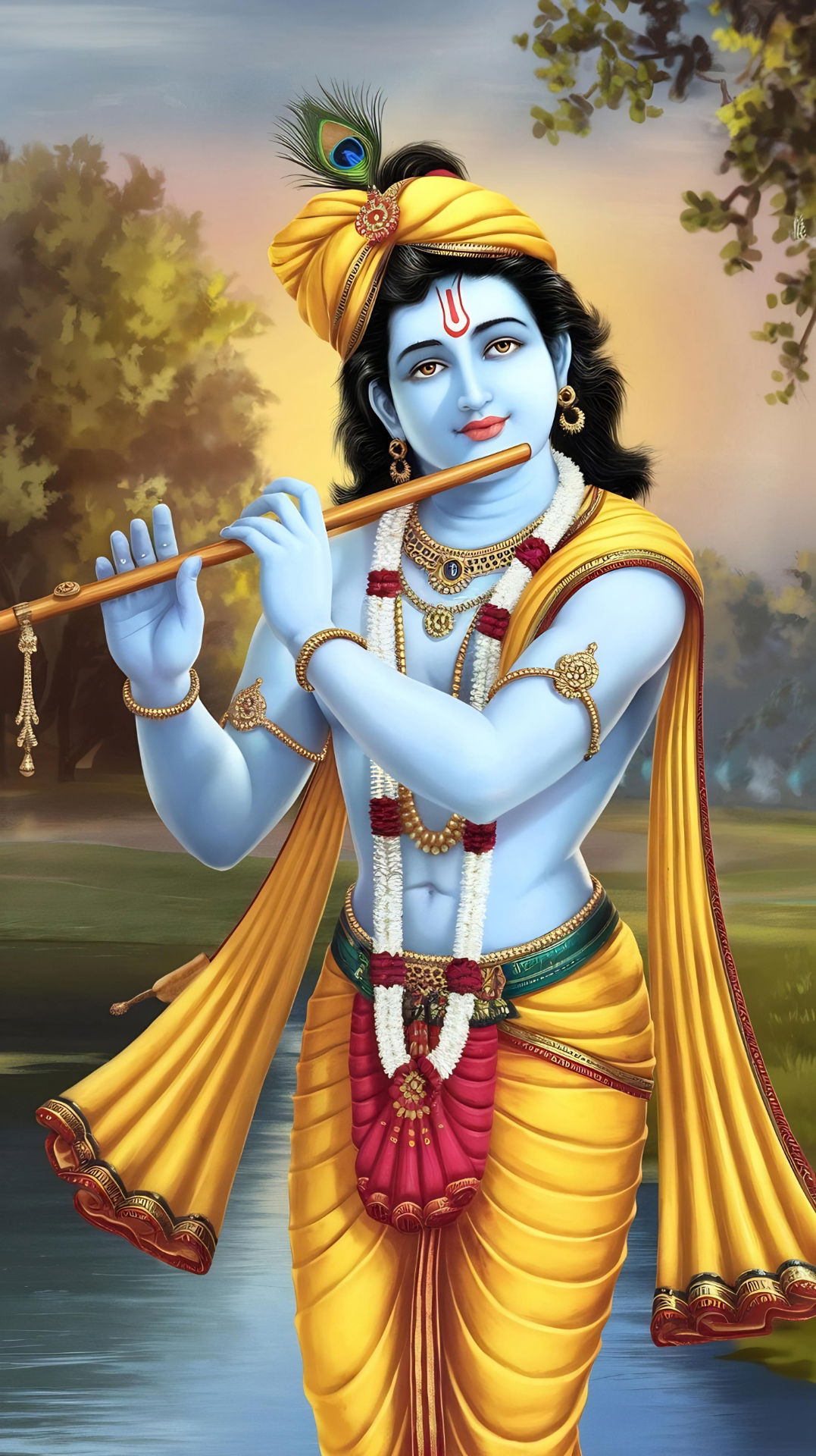 Krishna playing a flute in forest.