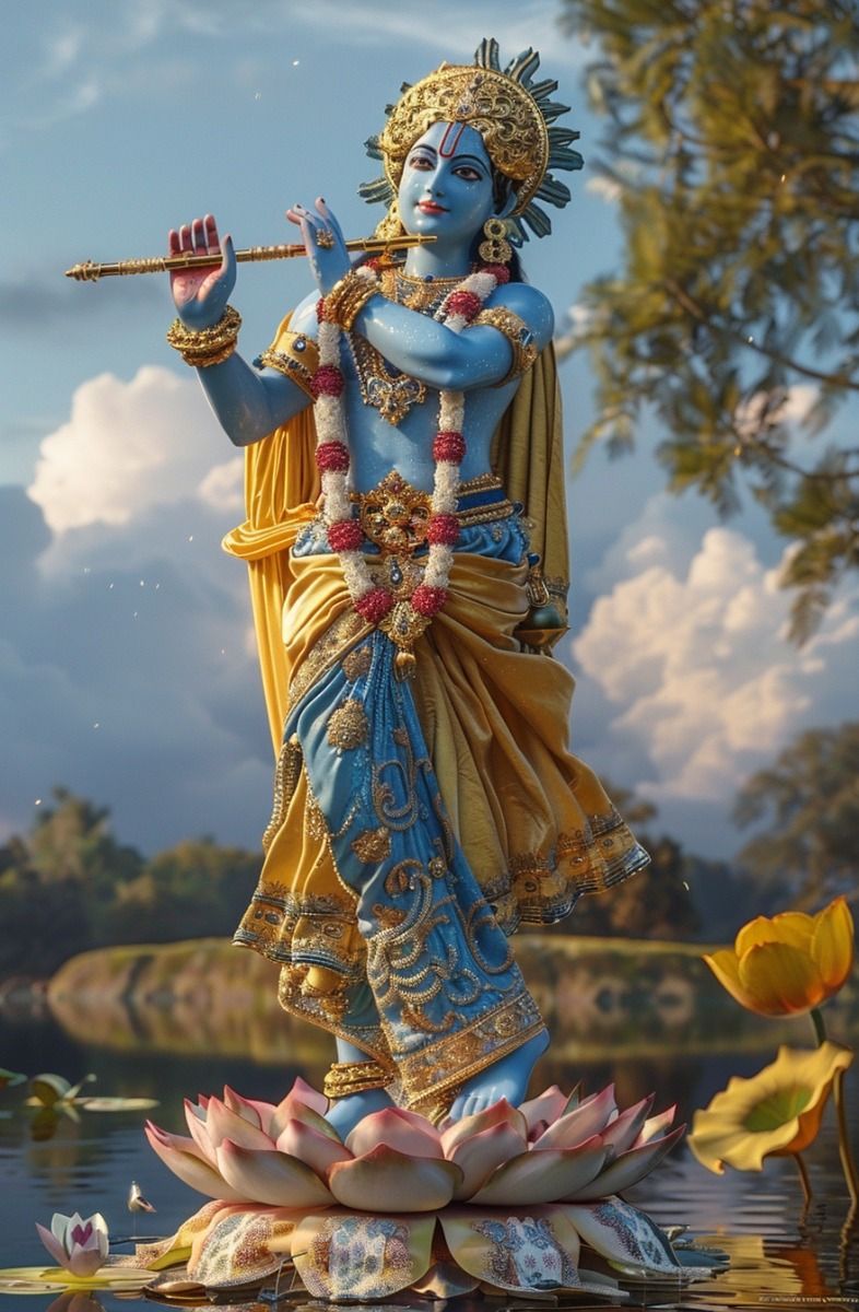 Krishna playing flute on lotus flower