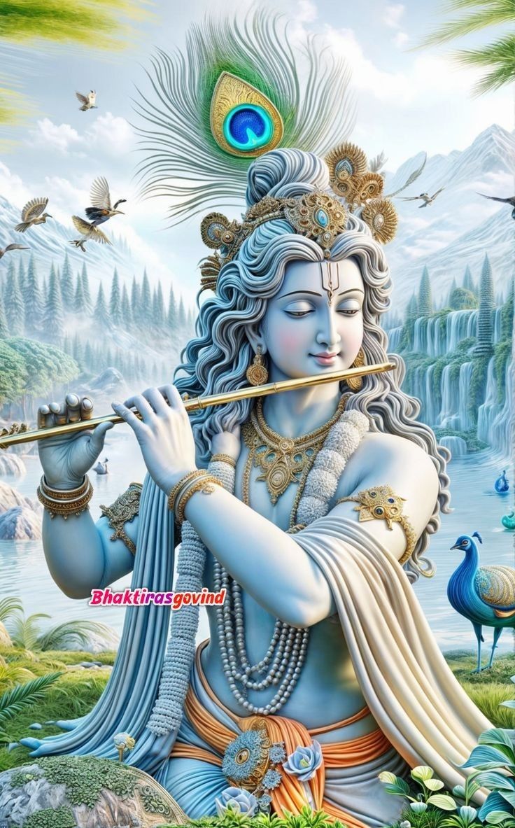 Krishna playing flute in lush landscape