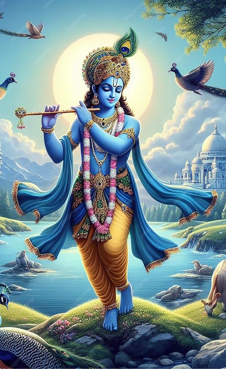 Krishna playing flute in landscape