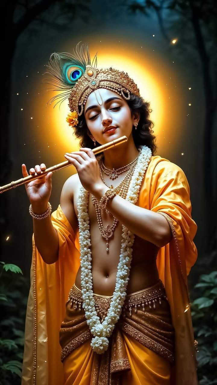 Krishna playing flute in forest