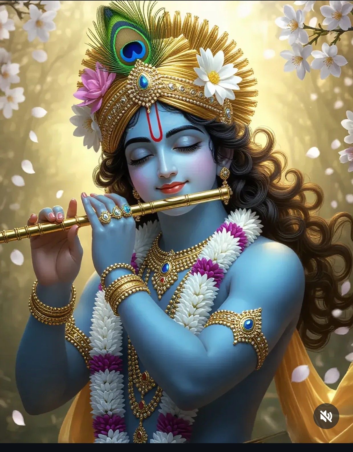 Krishna playing a flute with floral adornments