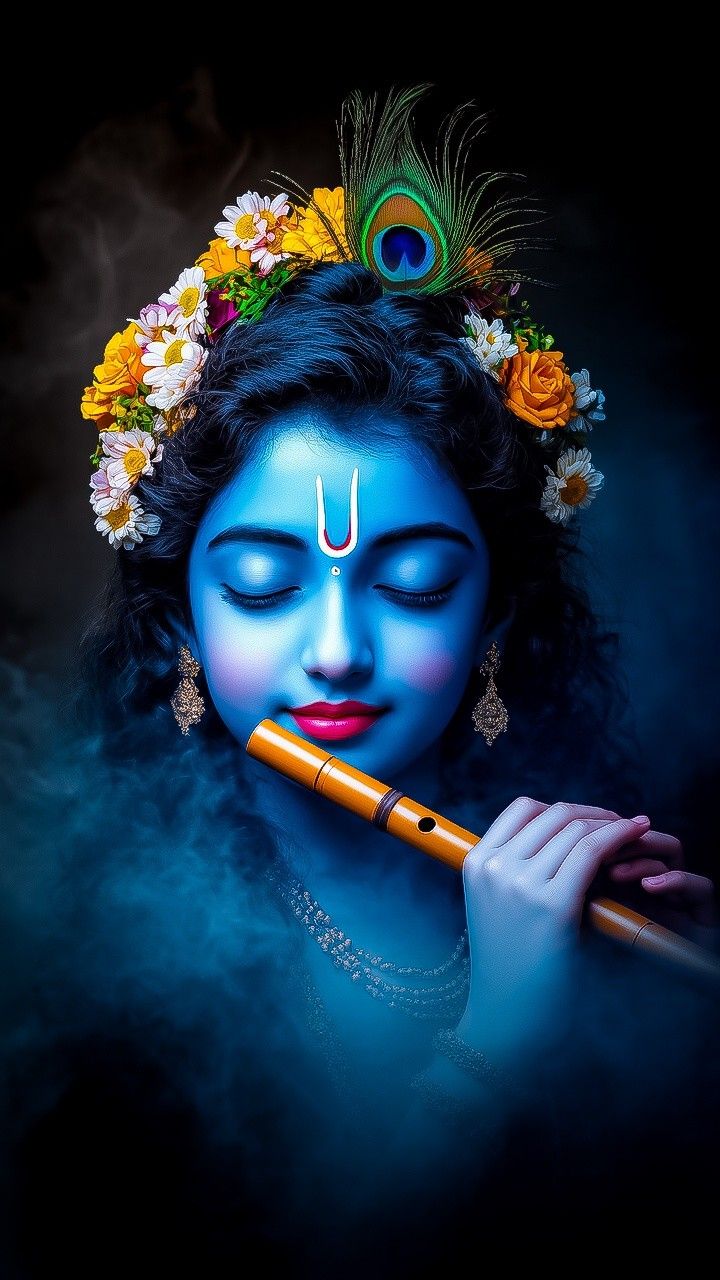 Krishna playing flute with peacock feather