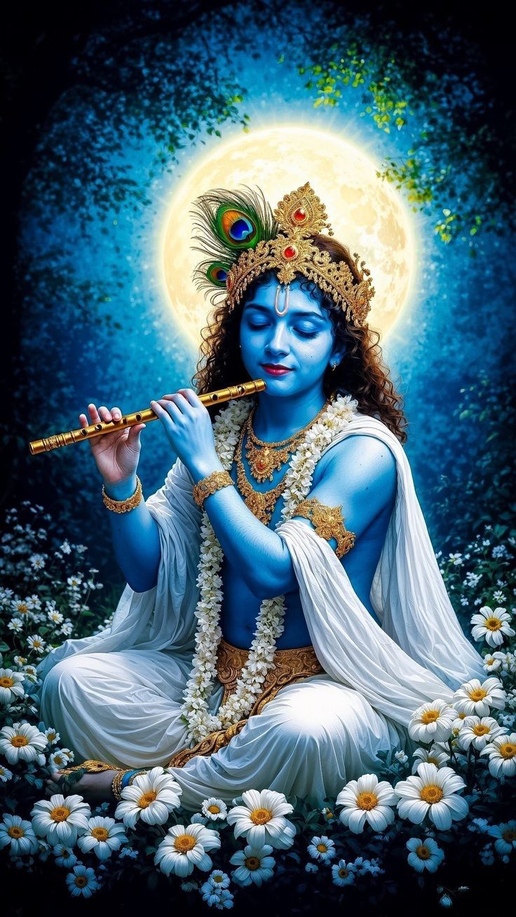 Krishna playing flute amongst white flowers