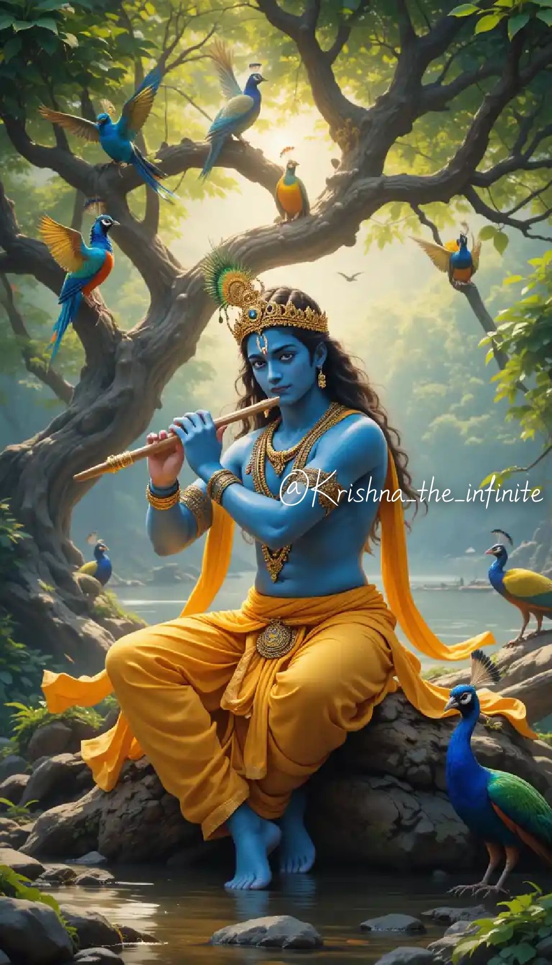 Krishna playing flute with peacocks