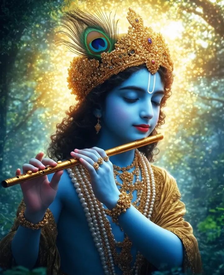 Krishna playing the flute in forest