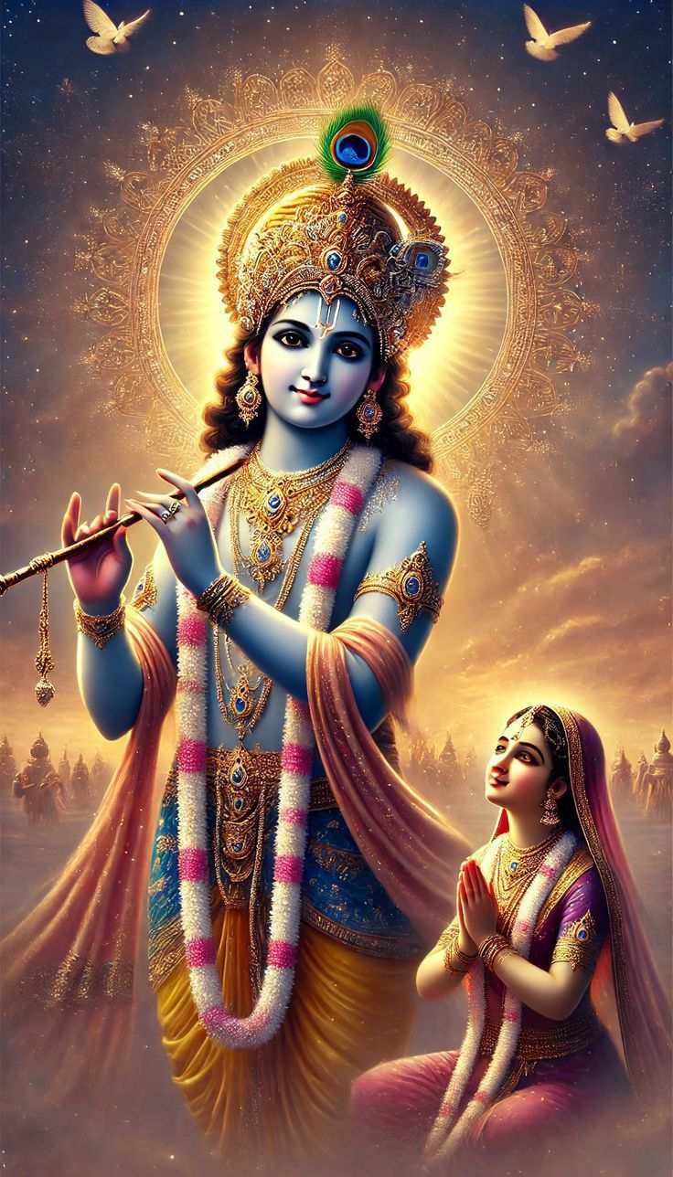 Krishna playing flute with Radha