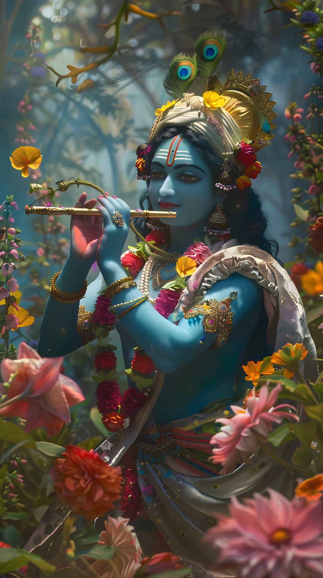 Krishna playing flute in floral garden