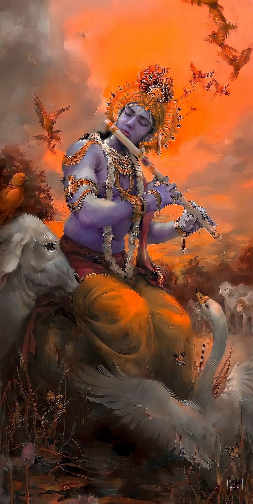 Krishna playing flute with cows