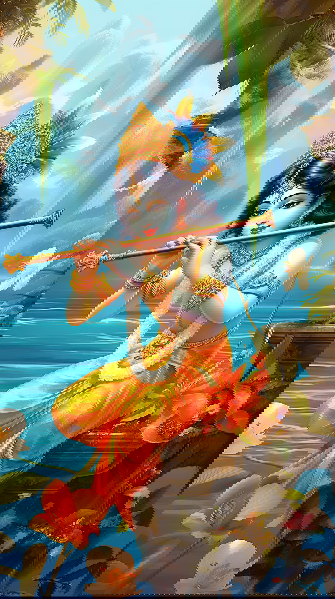 Krishna playing flute amidst lush nature