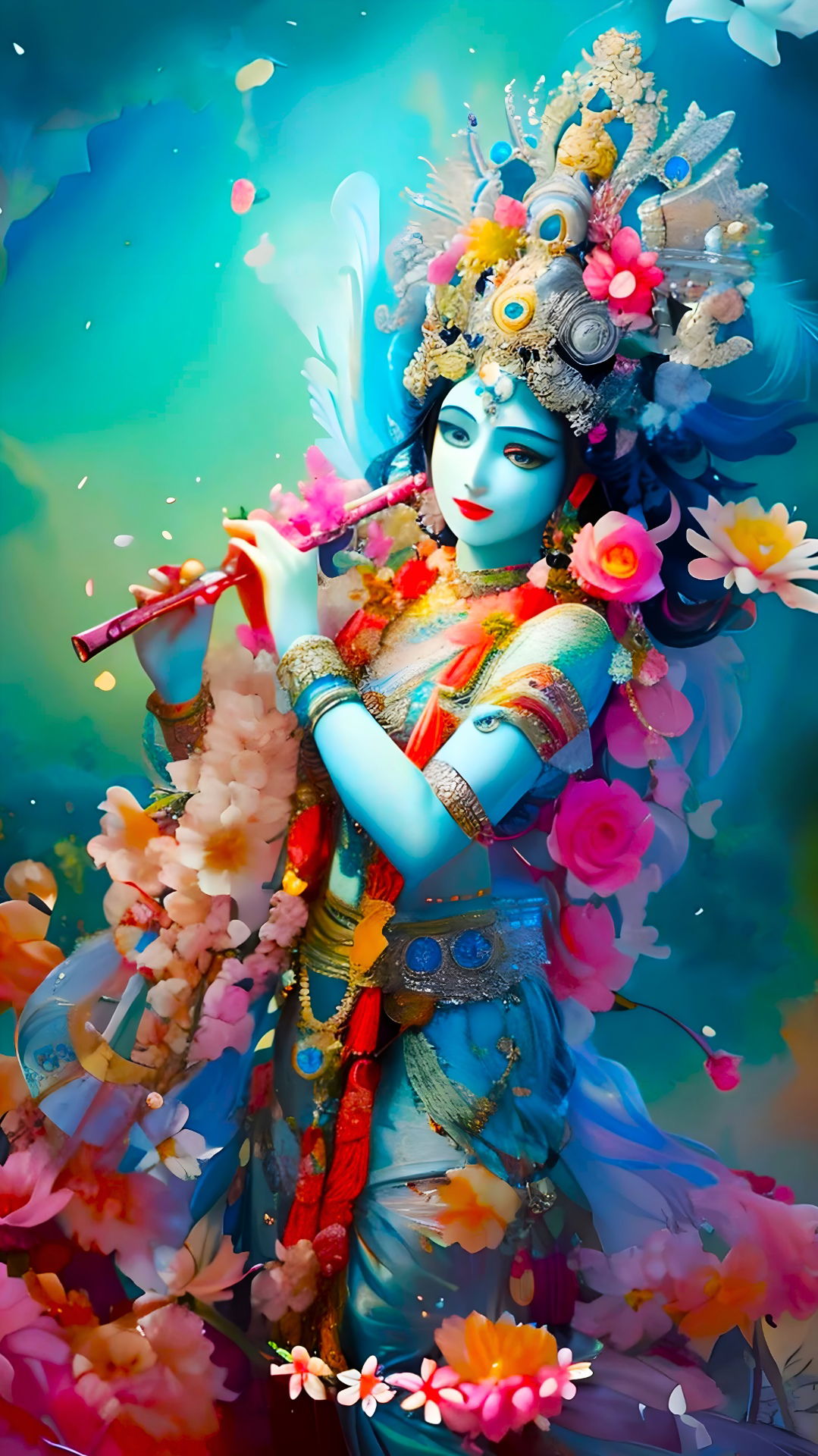 Krishna playing flute surrounded by flowers