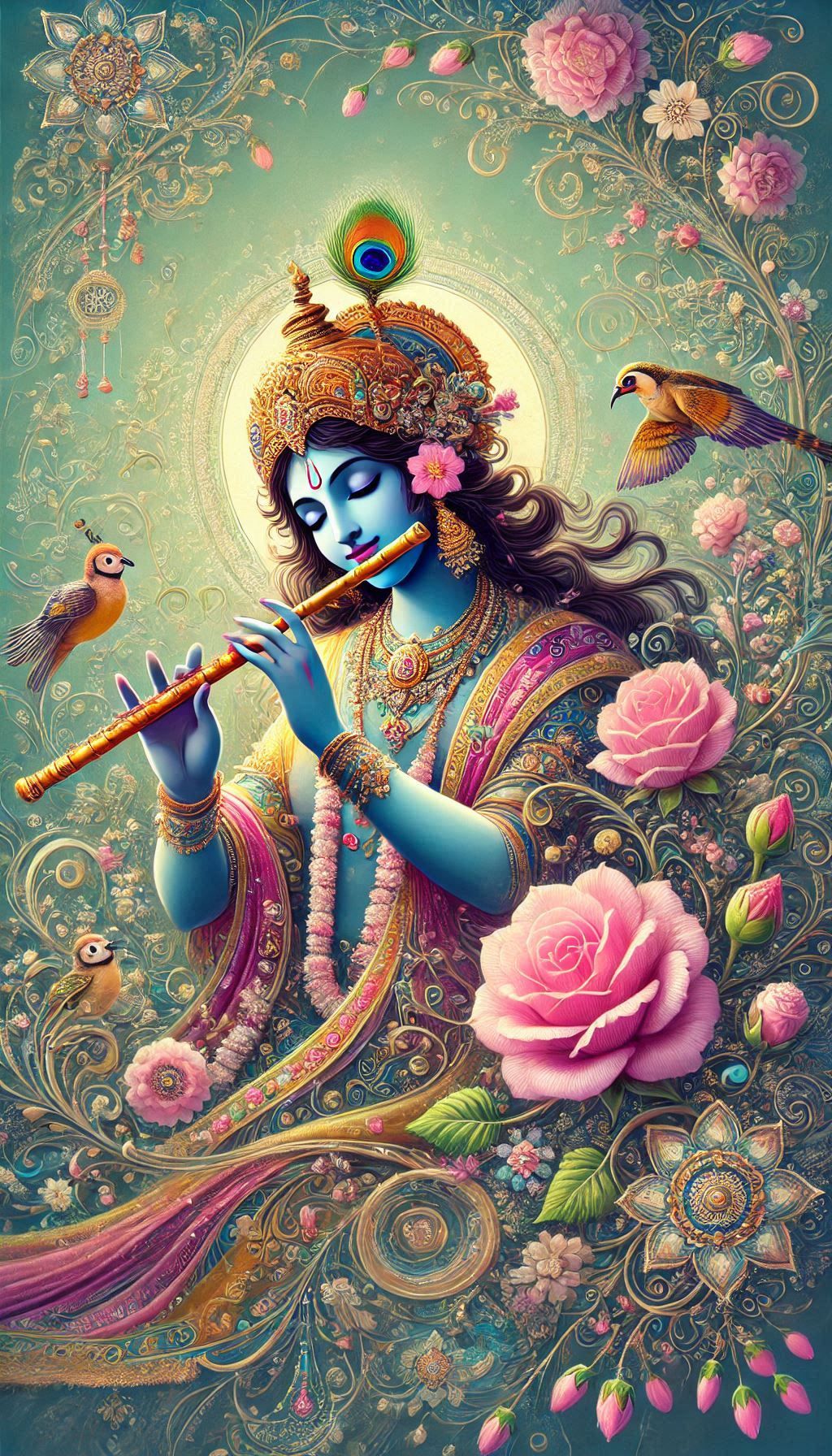Lord Krishna playing a flute amidst flowers