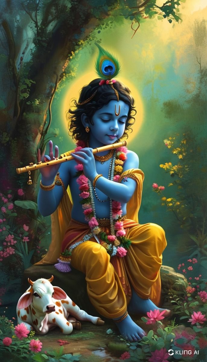 Krishna playing flute with a calf