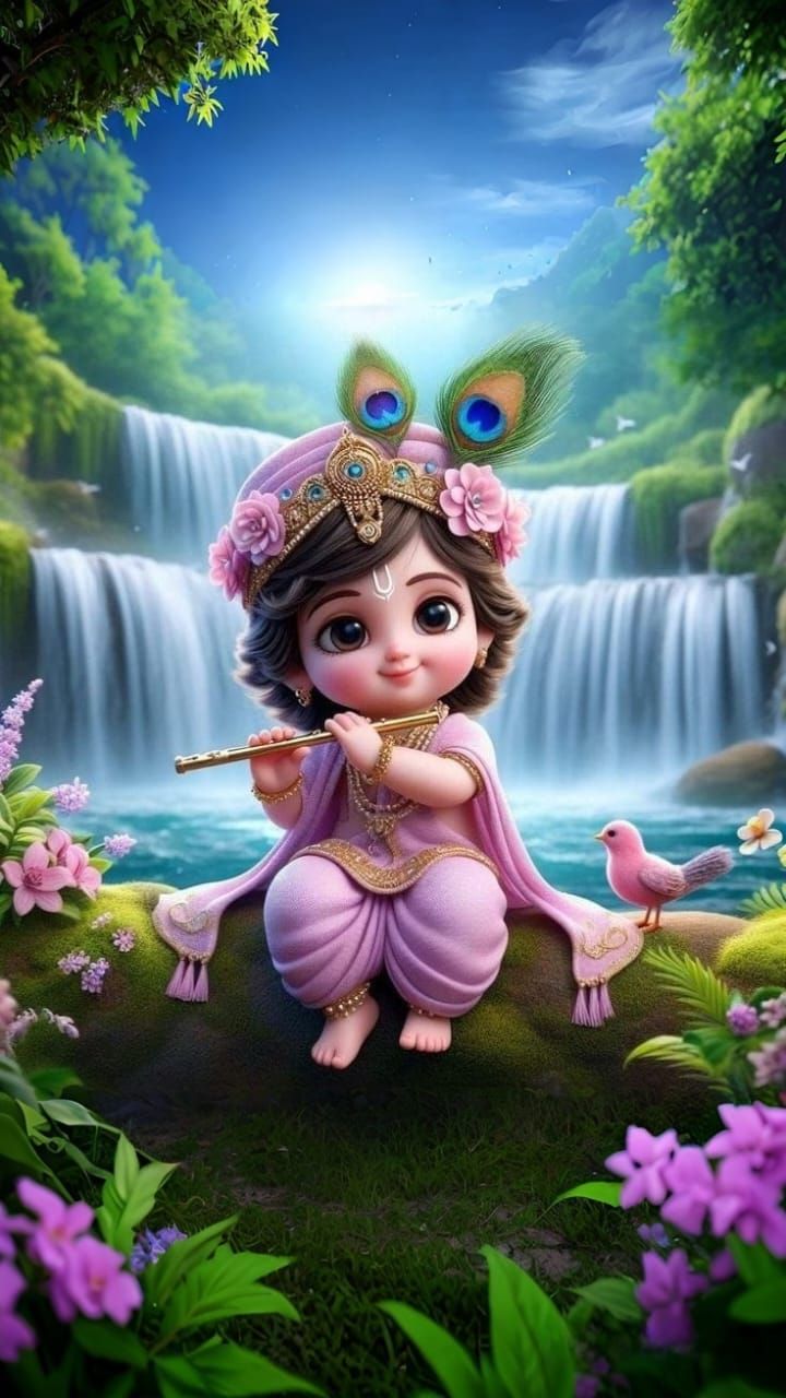 Baby Krishna playing flute by waterfall